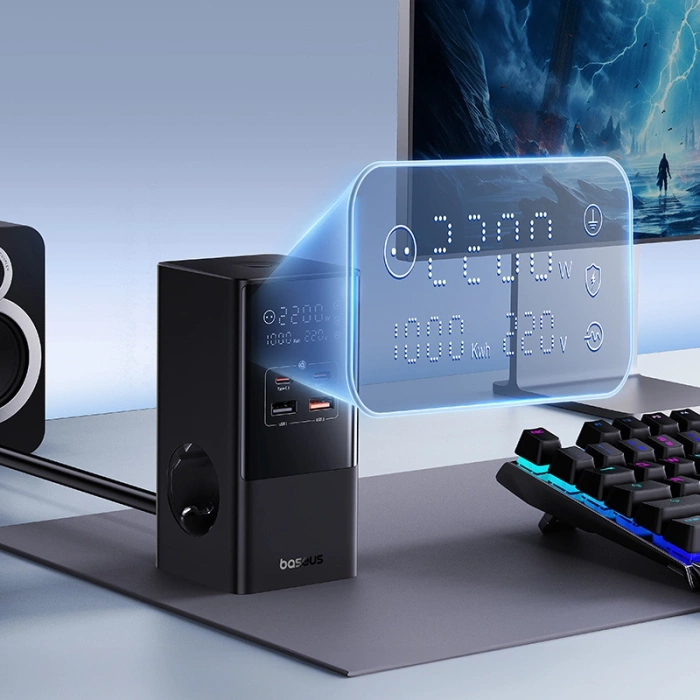 Baseus PowerCombo Tower Ladestation 100W 2 x EU + 2 x USB-A + 2 x USB-C 1,5m - Schwarz