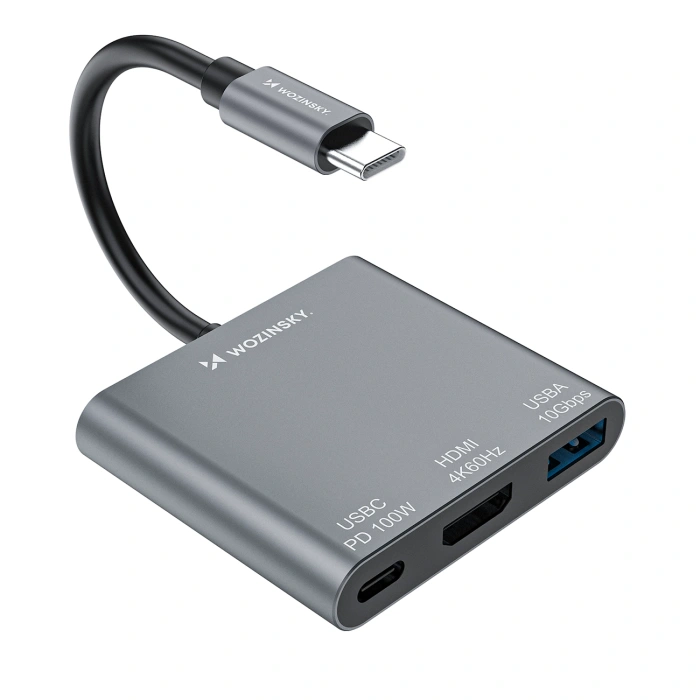 Hub Wozinsky WHCH-01 USB-C PD 100W HDMI 4K@30Hz USB-A 10Gbps - szary