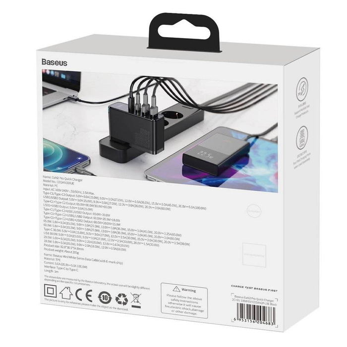 Baseus GaN2 Pro Schnellladegerät 100W USB / USB Typ C Quick Charge 4+ Power Delivery Schwarz (CCGAN2P-L01)