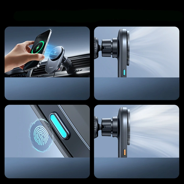 Uchwyt magnetyczny Baseus PrimeTrip VC2 Pro z ładowarką Qi2.2 z wentylatorem na kratkę nawiewu - czarny