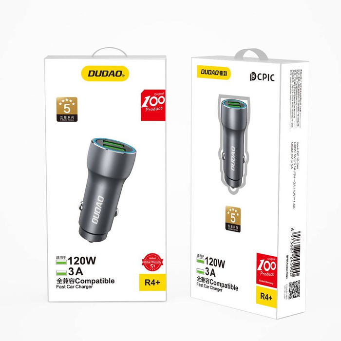 Dudao R4+ nabíjačka auto 2xUSB-A 120W 3A šedá