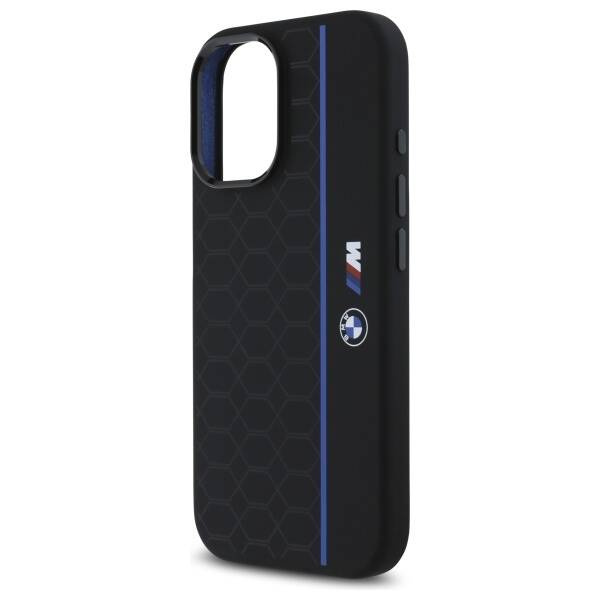 Cover BMW iPhone 16 nero/nero durocase Silicone Hexagon Blue Line MagSafe