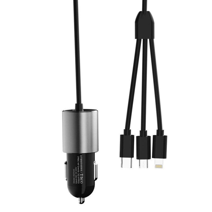 Dudao 3v1 nabíječka auto USB 3,4 A vestavěný kabel Lightning / USB typu C / micro USB černý (R5ProN černý)