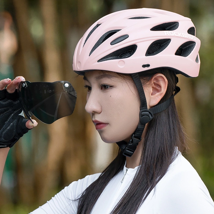 Rockbros Fahrradhelm mit Visier, abnehmbare UV-Brille, abnehmbares Visier, Unisex – Rosa