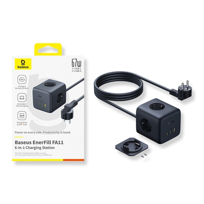 Baseus EnerFill FA11 67W Steckdosenleiste, USB-A + USB-C Würfel + 3 x EU-Steckdose 1,5m - Schwarz