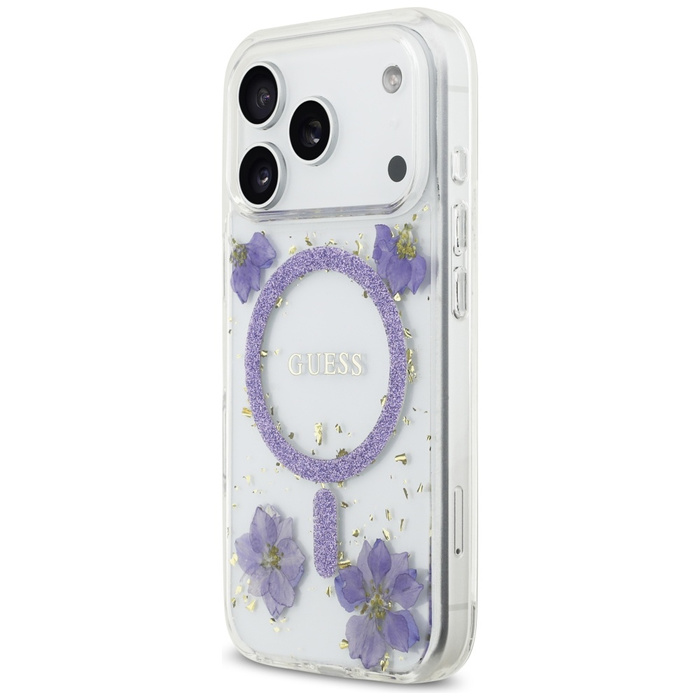 Etui Guess Resin Flowers Glitter MagSafe do iPhone 17 Pro fioletowy