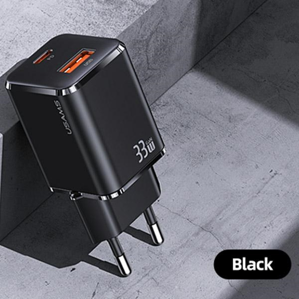 USAMS Network charge. 1xUSB-C+1xUSB T43 33W PD3.0 +QC3.0 + cable U63 USB-C to lightning black/black USKTZ01