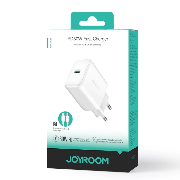 Joyroom JR-TCF24 USB-C PD 30W QC SFC Netzwerkladegerät – Weiß + 1 m USB-C-Kabel