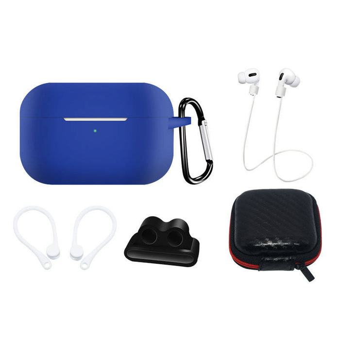 Juego de fundas de silicona para AirPods Pro 2 / AirPods Pro 1 + funda / gancho para la oreja / correa para el cuello / soporte para correa de reloj / mosquetón | azul