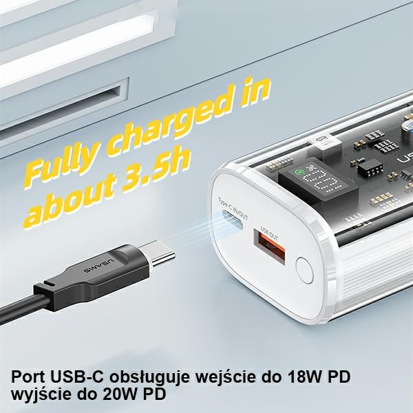 USAMS Powerbank 9000mAh PD 20W QC3.0+PD Dual-Port Fast Charge biały/white 10KCD18902 (US-CD189)