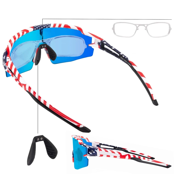 Rockbros Polarisierte Fahrradbrille mit UV-Schutz und Korrektureinsatz, blaue Gläser, USA-Muster, Weiß