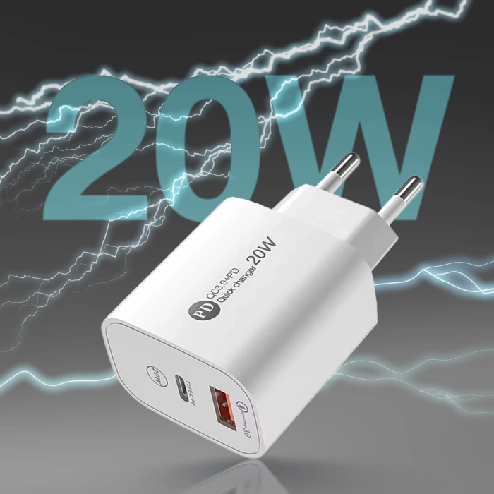 A6MaxL 20W USB-A USB-C Wall Charger with 1m USB-C - Lightning Cable - White