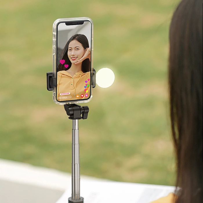 Selfie-Stick WH1YXS Teleskopstativ 1 m mit runder Lampe und Telefonhalter – Schwarz