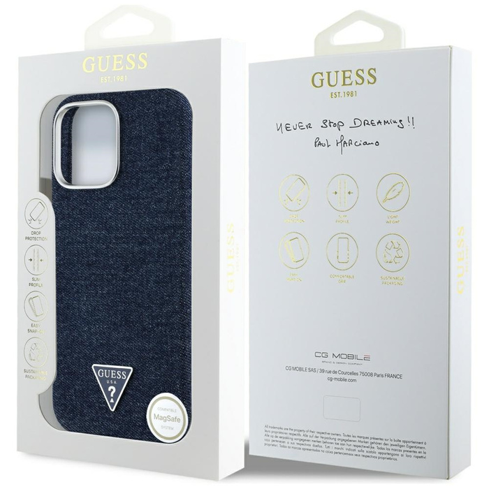 Etui Guess Denim Triangle Logo MagSafe   do iPhone 16 Pro niebieski