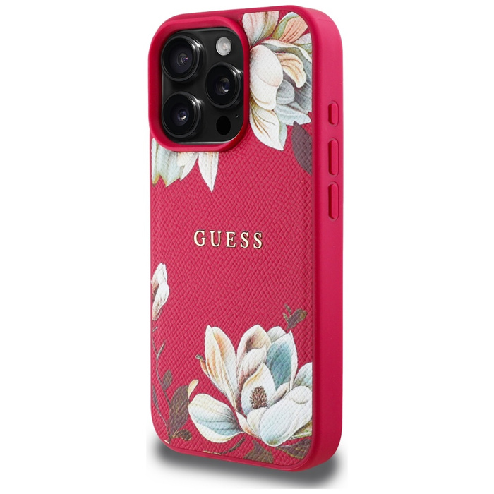 Etui Guess Grained Printed Flower         Pattern MagSafe do iPhone 16 Pro Max fuksja