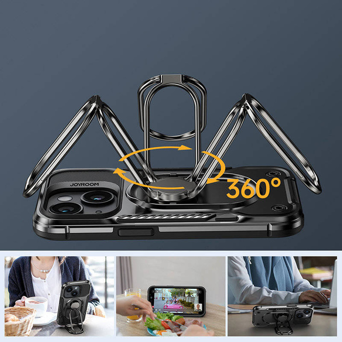 Joyroom Dual Hinge para iPhone 14 Plus funda blindada con soporte y soporte para anillo negro