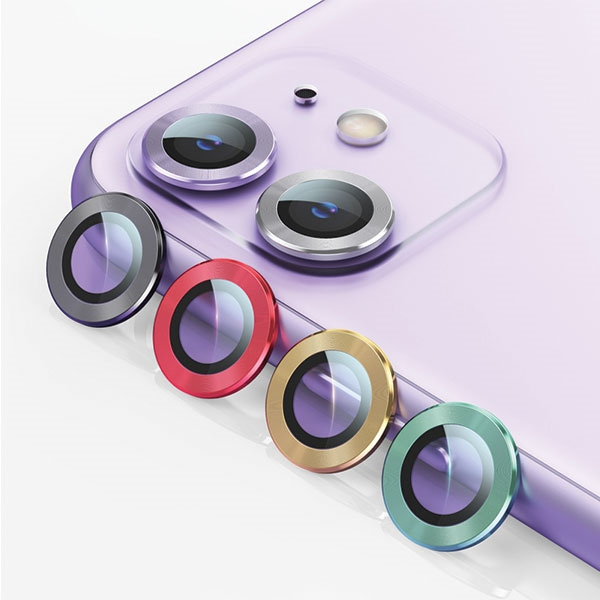 USAMS Apple iPhone 11 Pro Max Kameraobjektiv Metallring Silber Tempered Glas