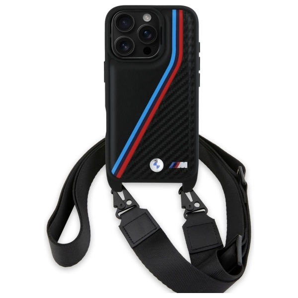 Coque BMW iPhone 16 Pro Max noir/noircase M Edition Carbon Tricolor Lines &amp; Strap