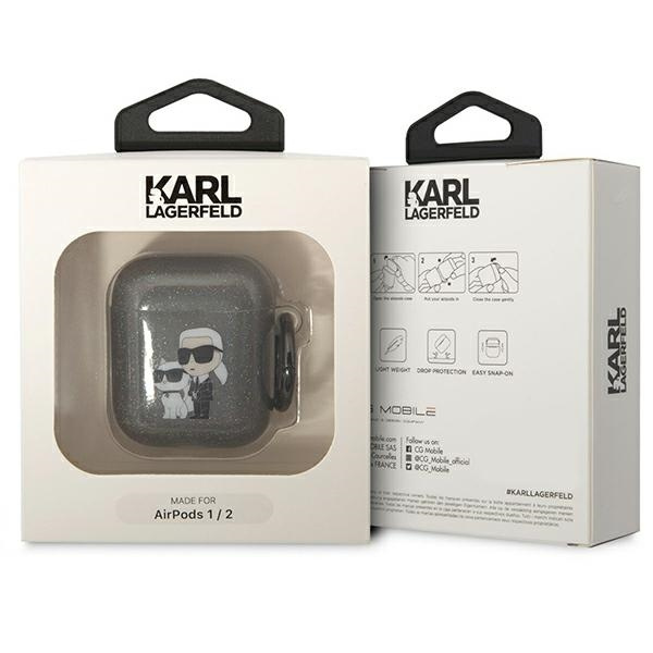 Hülle Karl Lagerfeld Airpods 1/2 Abdeckung schwarz/schwarz Gliter Karl&amp;Choupette