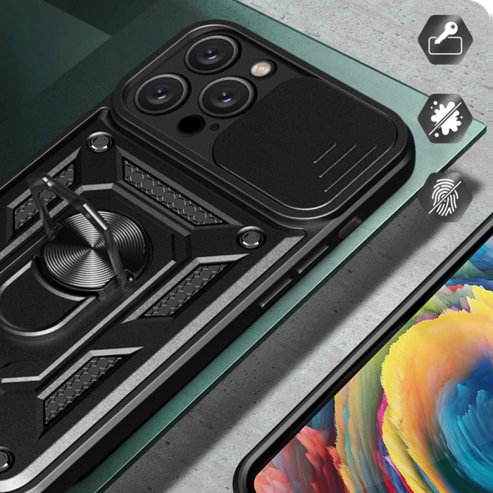 Hybrid Armor Camshield Panzerhülle für iPhone 16 Pro Max mit Kameraabdeckung und Ständer – Schwarz