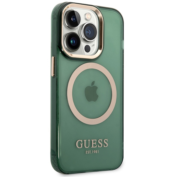 Guess GUHMP14LHTCMA iPhone 14 Pro 6.1" verde/caqui duro case Contorno dorado translúcido MagSafe