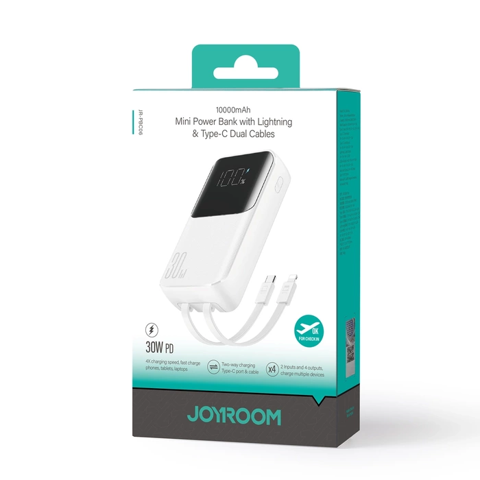 Mini power bank avec câbles intégrés Joyroom JR-PBC06 30W 10000mAh - blanc