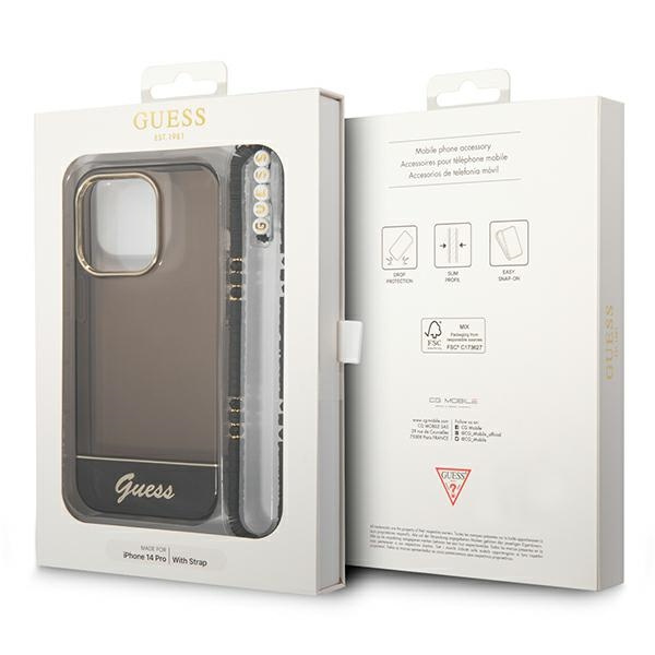 Hülle GUESS Apple iPhone 14 Pro Translucent Pearl Armband Schwarz Hartcase