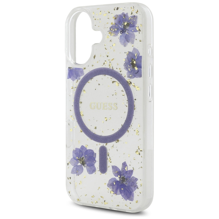 Etui Guess Resin Flowers Glitter MagSafe do iPhone 16 fioletowy