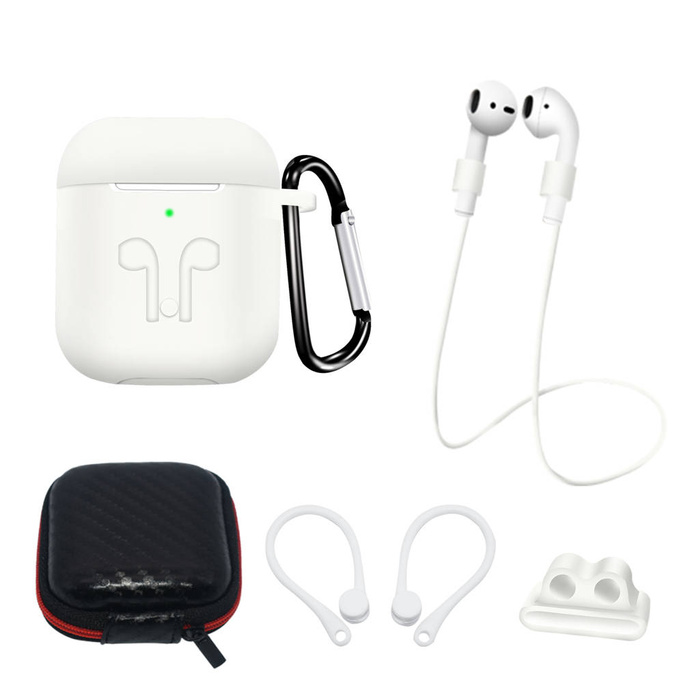 Juego de fundas de silicona para AirPods 2 / AirPods 1 + funda / gancho para la oreja / correa para el cuello / soporte para correa de reloj / mosquetón | Blanco