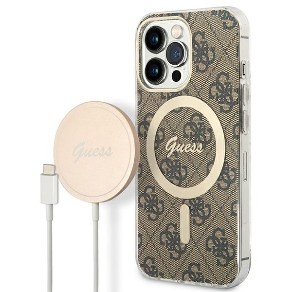 Sada Pouzdro Guess Case+ nabíječka iPhone 13 Pro Max hnědá/hnědá tvrdá case 4G Tisk MagSafe