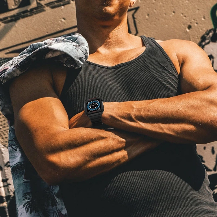 Pasek z etui ochronnym Protect Strap Band do Apple Watch 42 / 44 / 45 mm opaska obudowa pancerna - czarny, złoty