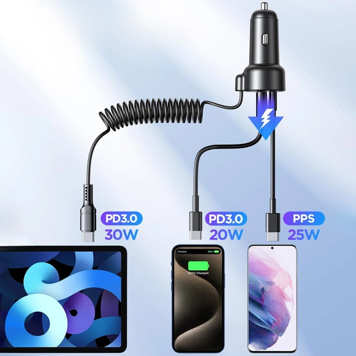 [APRÈS RETOUR] Joyroom Chargeur de voiture rapide 3 en 1 avec câble USB Type C 1,6 m 60 W noir (JR-CL07)