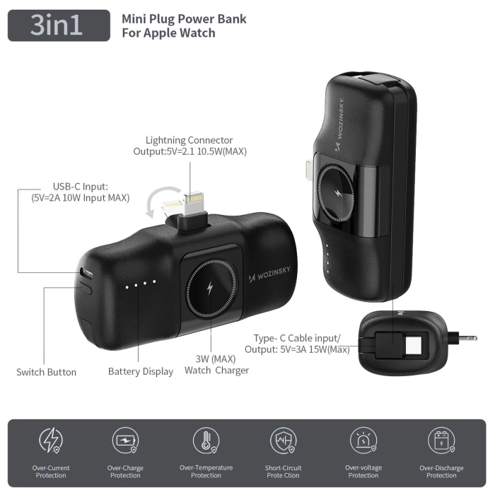 Wozinsky WF16-YLS 5000mAh 15W Lightning Mini Power Bank with Built-in USB-C Cable and Apple Watch Charger - Black