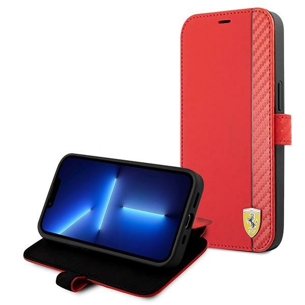 Hülle FERRARI Apple iPhone 13 Mini Book On Track Carbon Stripe Rot Case