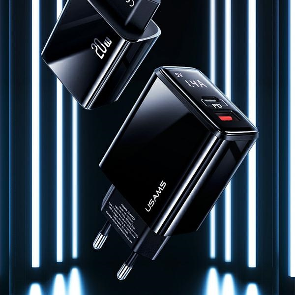 Chargeur USAMS 1xUSB-C 1xUSB-A T40 20W LED PD3.0 QuickCharge3.0 Fast Charging Noir