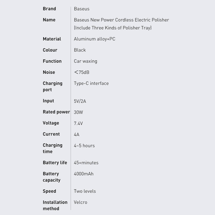 Machine à polir électrique sans fil Baseus 30W 4000mAh noir (CRDLQ-B01)