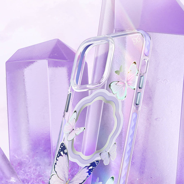 Coque magnétique Kingxbar Butterfly Series pour iPhone 14 Plus MagSafe décorée d&#39;un imprimé de papillons violets