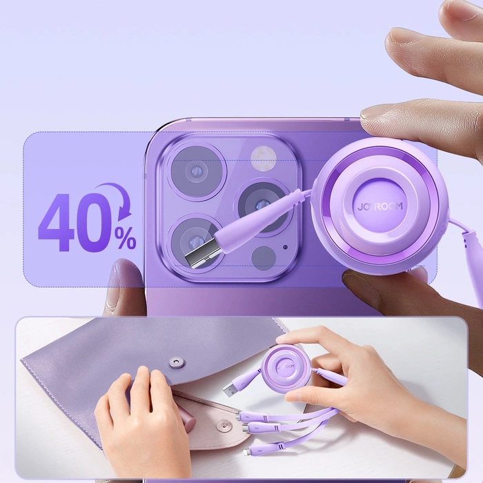 Joyroom S-A40 Colourful Series Cavo retrattile 3in1 da USB-A a USB-C / Lightning / microUSB 1m - viola