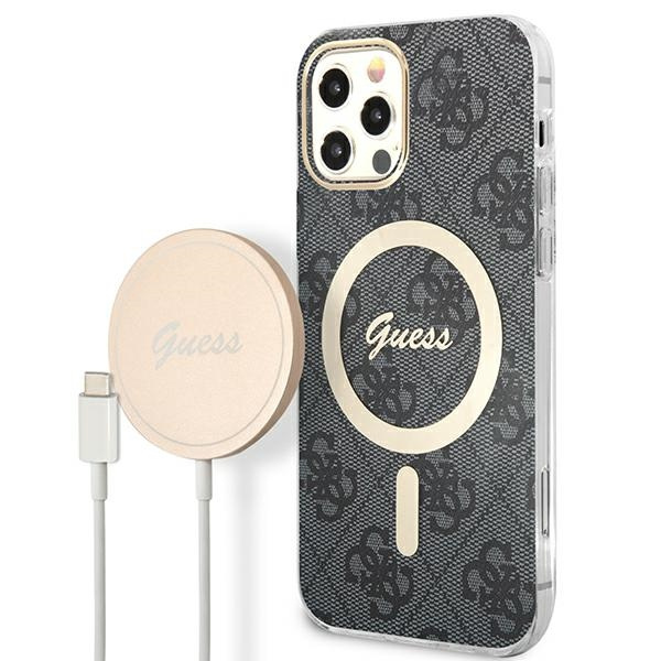 Kit Hülle Guess Case+ Ladegerät iPhone 12/12 Pro schwarz/schwarz hart case 4G Print MagSafe