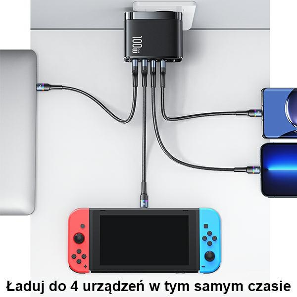 USAMS Network Charging. 2xUSB-C+2xUSB T44 100W (only head) PD3.0 +QC3.0 Fast Charging black/black CC145TC01 (US-CC145)