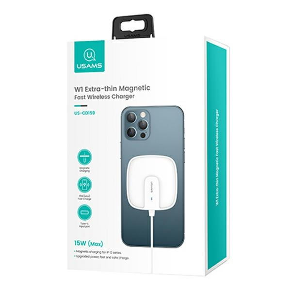 Caricatore Induttivo USAMS Apple iPhone 12 Serie Magnetica W1 15W Extra-sottile US-CD159 CD159DZ02 Bianco