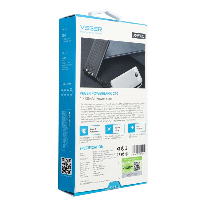Powerbank Veger C10 (W1116) 10000 mAh z wbudowanymi kablami Micro USB / Typ C / Lightning czarny