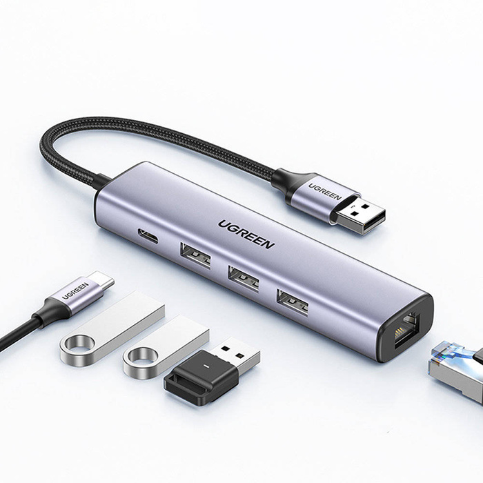 Multifunkční adaptér Ugreen HUB USB 3.0 - 3 x USB / Ethernet RJ-45 / USB Type C PD Grey (CM475)