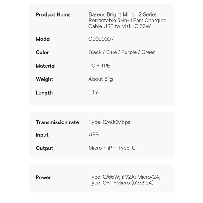 Baseus Bright Mirror 2 cavo retrattile 3in1 USB tipo A - micro USB + Lightning + USB tipo C 66W 1,1 m nero (CAMJ010101)