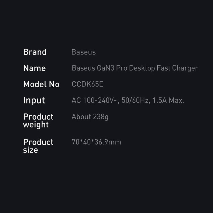 Baseus GaN3 Pro schnelles GaN-Ladegerät 2 x USB Typ C / 2 x USB 65W PD, QC4.0+, AFC+ USB Typ C - USB Typ C Kabel 1m schwarz (CCGP040101)