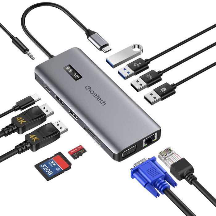 Choetech Multifunktions-HUB mit bildschirmem 12in1 USB-C zu USB-C / USB-A / HDMI / VGA / AUX / SD / TF grau (HUB-M26)