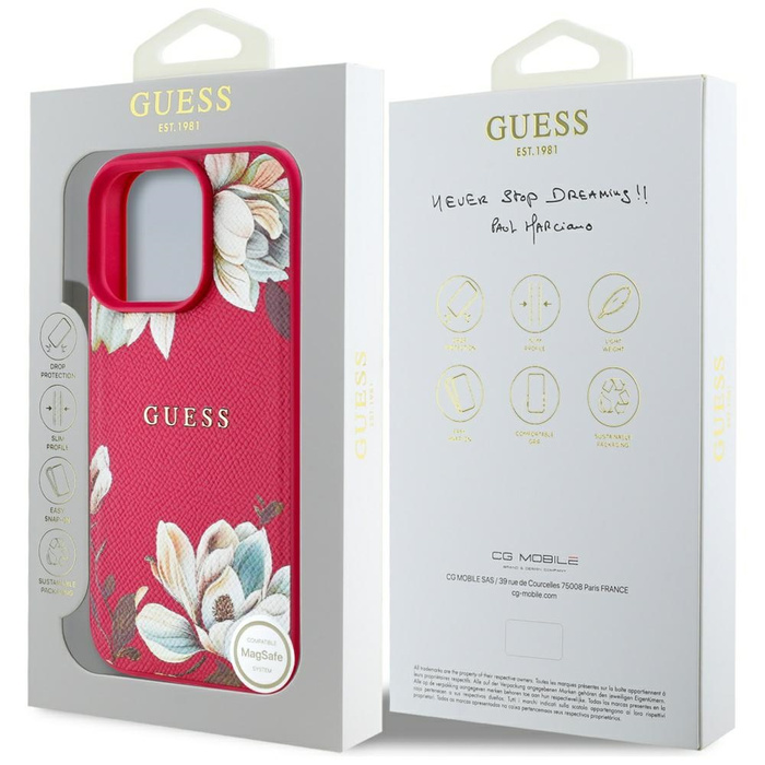 Etui Guess Grained Printed Flower         Pattern MagSafe do iPhone 16 Pro Max fuksja