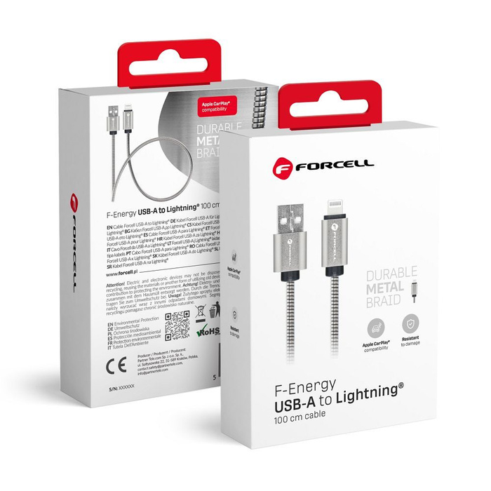 Kabel USB A do Lightning Forcell F-Energy 2,4A 12W Metal 1 m C236 srebrny