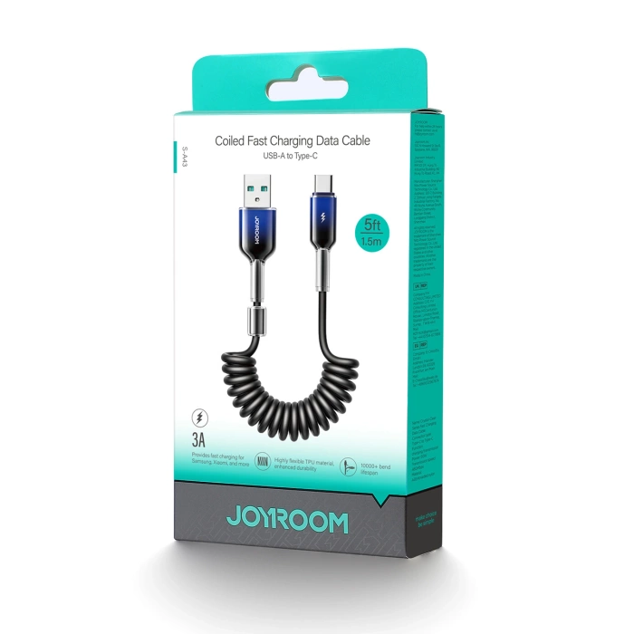 Joyroom S-A43 Crystal-Clear Serie 3A USB-A – USB-C Spiralkabel 1,5 m – Schwarz
