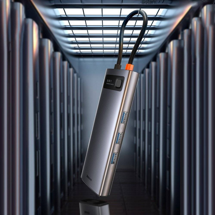 Baseus Metal Gleam 9in1 multifunctional HUB USB Type C - 3x USB 3.2 Gen 1 5Gbps / USB Type C PD 100W / VGA Full HD 60Hz / HDMI 4K 30Hz / czytnik kart TF i SD / RJ45 1Gbps gray (CAHUB-CU0G)